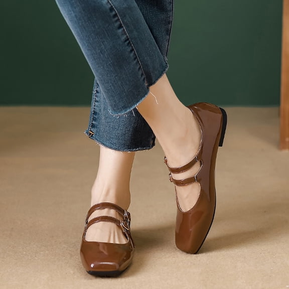 Women's Patent Leather Flat Mary Jane Shoes Elegant Square Toe Two Ankle Strap Ballet Flats