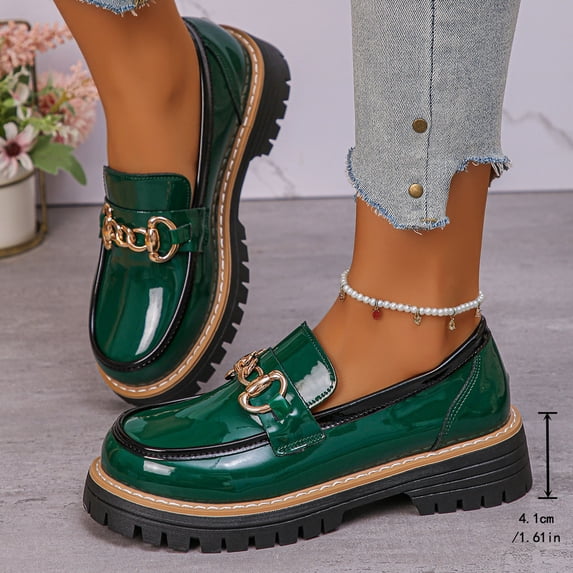 Women's Patent Leather Loafers, Chunky Low Heel Dress Shoes for Women, Casual Slip on Comfortable Round Toe Shoes for Work and Weekend