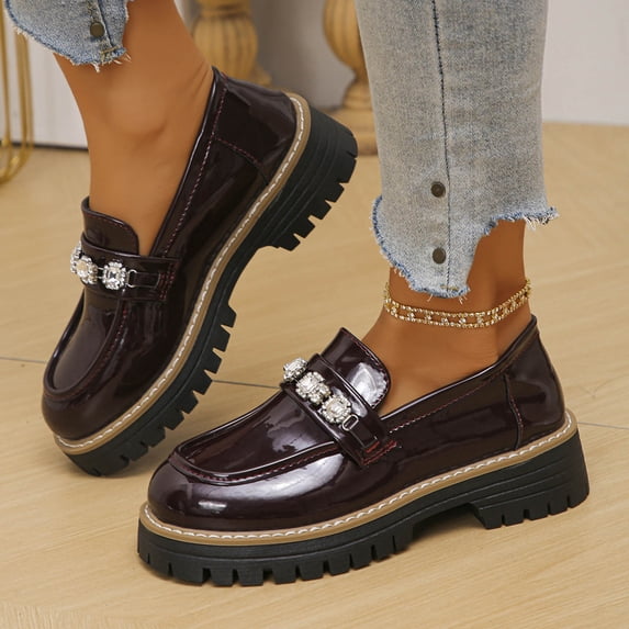 Women's Patent Leather Loafers, Rhinestone Embellished Round Toe Slip on Shoes for Casual Work and Daily Wear