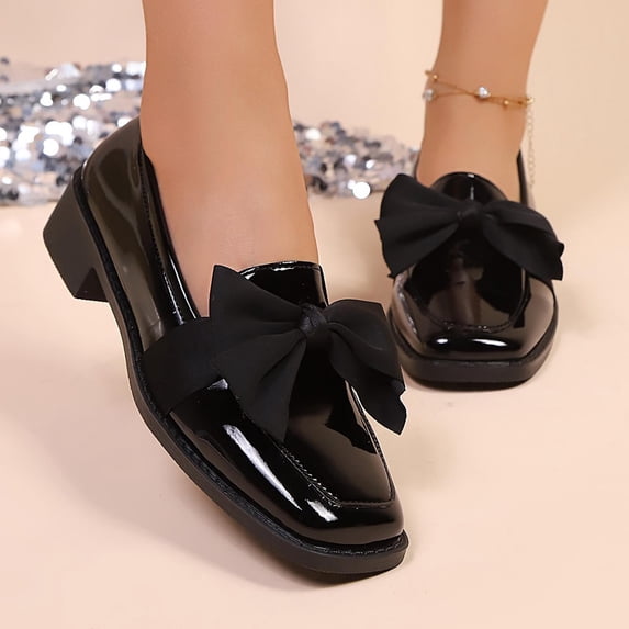 Women's Patent Leather Loafers with Bow, Comfortable Low Block Heel Casual Slip-On Shoes for Office Daily Wear