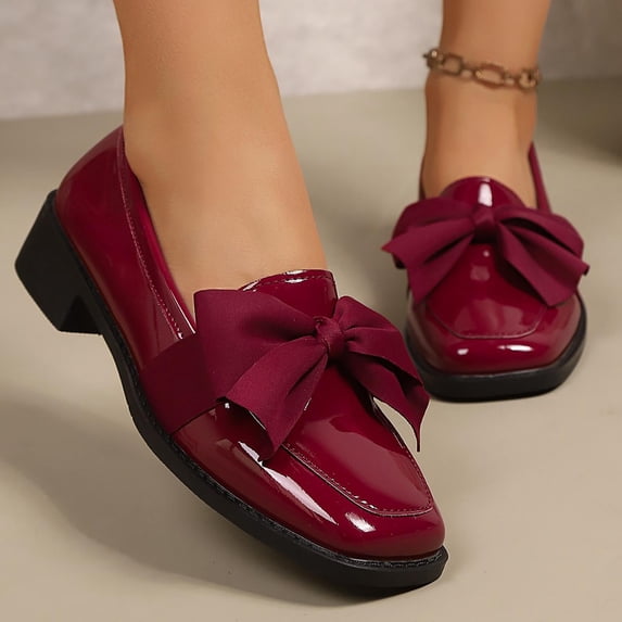 Women's Patent Leather Loafers with Bow, Comfortable Low Block Heel Casual Slip-On Shoes for Office Daily Wear