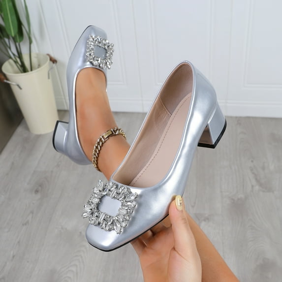 WZX Women's Slingback Chunky Pumps Heels Block Low Heel Closed Round Toe Mule Sexy Rhinestones Backless Dressy Party Summer Shoes