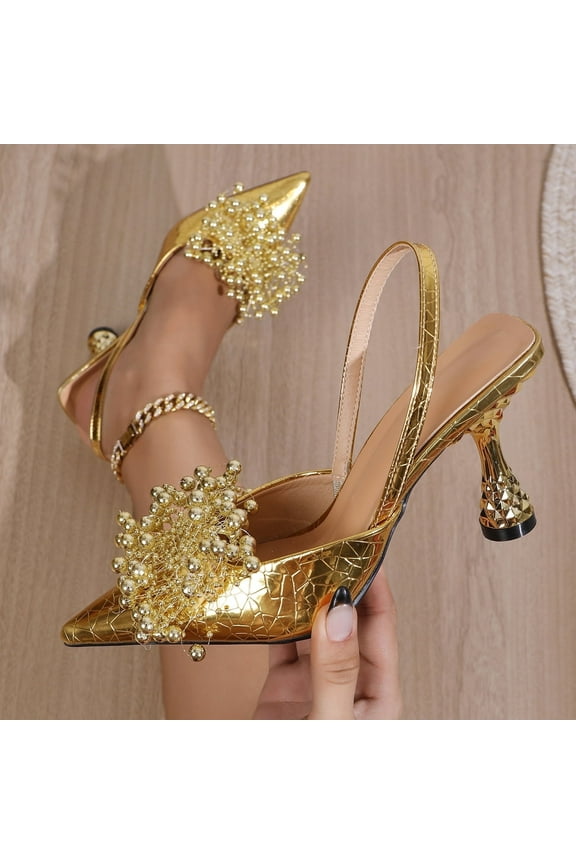 Women's Patent Leather Pearl Dress Kitten Heel Sandals Closed Pointed Toe Shallow Mouth for Business Pumps Wedding Party Dress Shoes Gold 7.5 Size