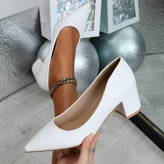 Women's Classic Pointed-Toe Elegant Pumps Low Block Heel - Adorable Comfortable White Size6