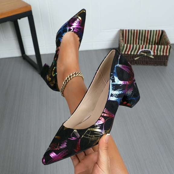 Women Pumps Pointed Toe Slip on Mid Heel Dress Office Chunky Block Heels Shoes 2.1 Inches