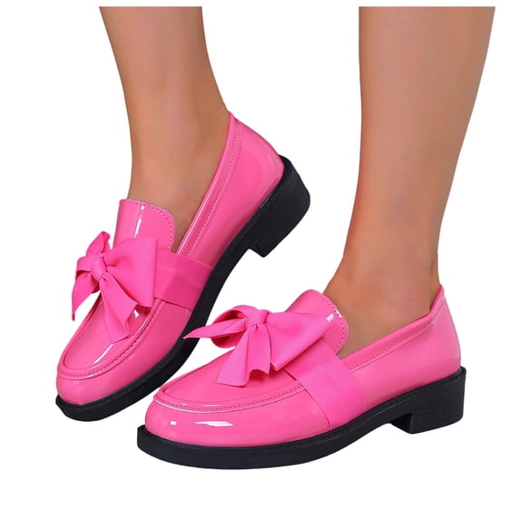 Women's Patent Leather Penny Loafers Platform Bow Elegant Round Toe Lug Sole Non Slip Chunky Heels Casual Dress Shoes for Business Work Pink Size 8