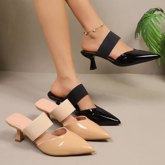 Women's Patent Leather Pointed Toe Heeled Mules, Elastic Strap Stiletto Dress Shoes, Plus Size Comfortable High Heel Shoes for Daily Wear