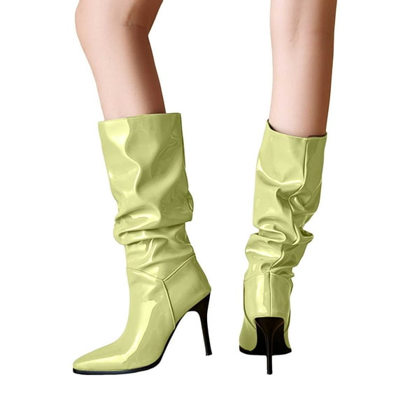 Women's Patent Leather Slouchy Mid Calf Boots Stiletto High Heel Knee High Booties Wide Calf Pointed Toe Dress Fall Boots Green Size 5.5