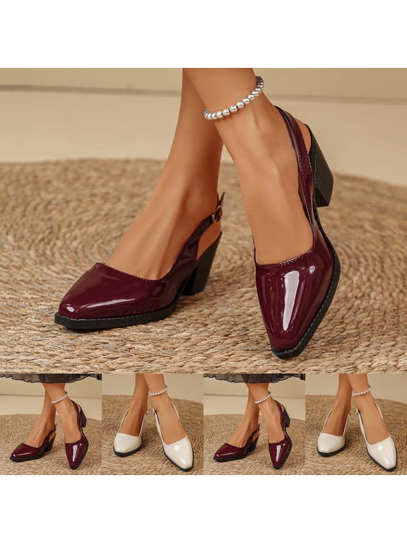 Women's Patent Leather Square Toe Slingback Heels, Chunky Heel Dress Shoes, Plus Size Comfortable High Heel Shoes for Daily Wear