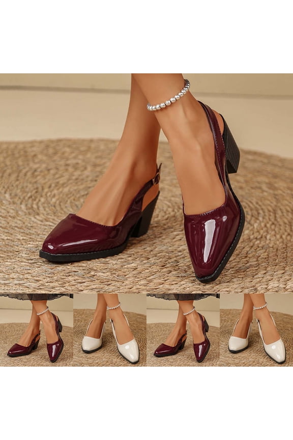 Women's Patent Leather Square Toe Slingback Heels, Chunky Heel Dress Shoes, Plus Size Comfortable High Heel Shoes for Daily Wear