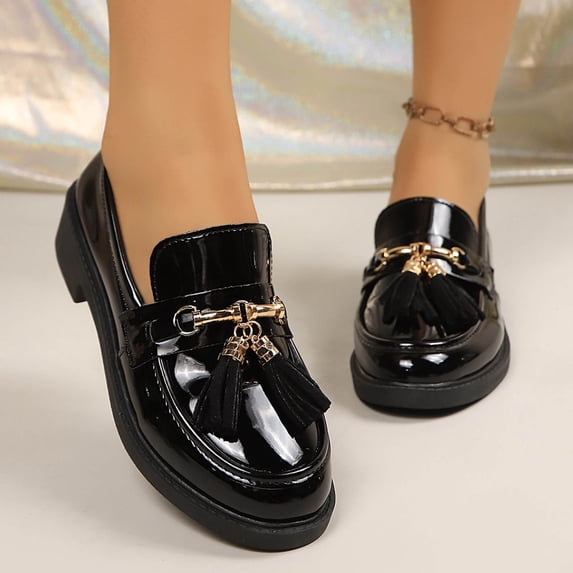 Women's Patent Leather Tassel Loafers Platform Chunky Slip-On Shoes Casual Business Work Loafers for Women Non-Slip Lug Sole Penny Loafers Black 9.5(43)