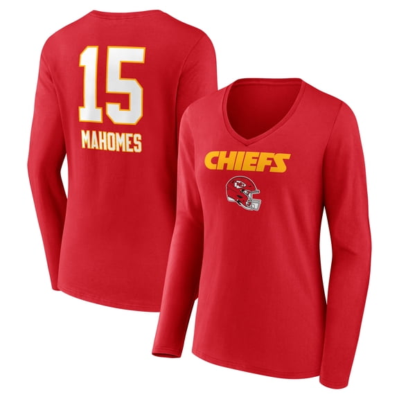 Women's Patrick Mahomes Red Kansas City Chiefs Team Wordmark Name & Number Long Sleeve V-Neck T-Shirt