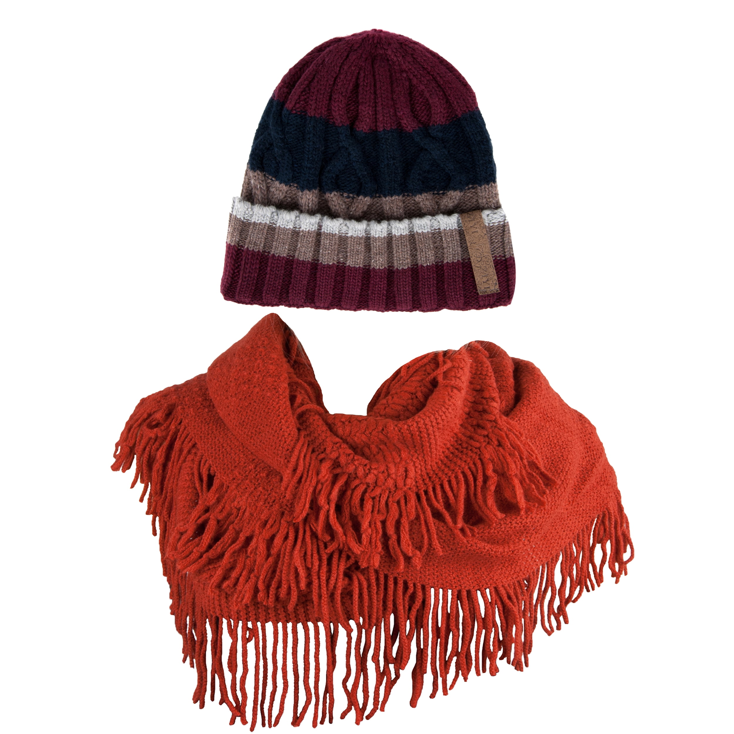 Women's Patriot Warm and Cozy Knitted Beanie and Soft Plush Chic Infinity Scarf Bundle