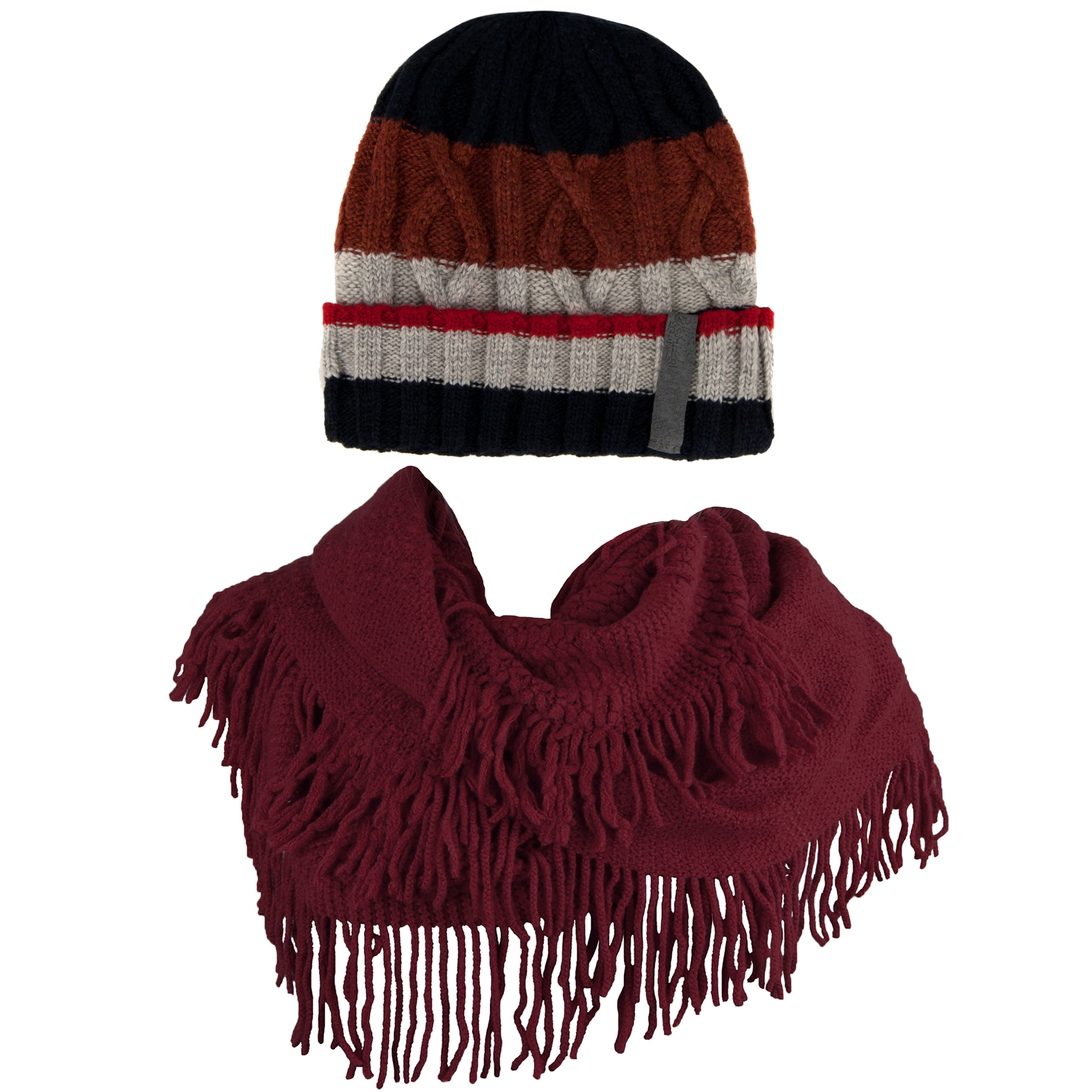Women's Patriot Warm and Cozy Knitted Beanie and Soft Plush Chic Infinity Scarf Bundle