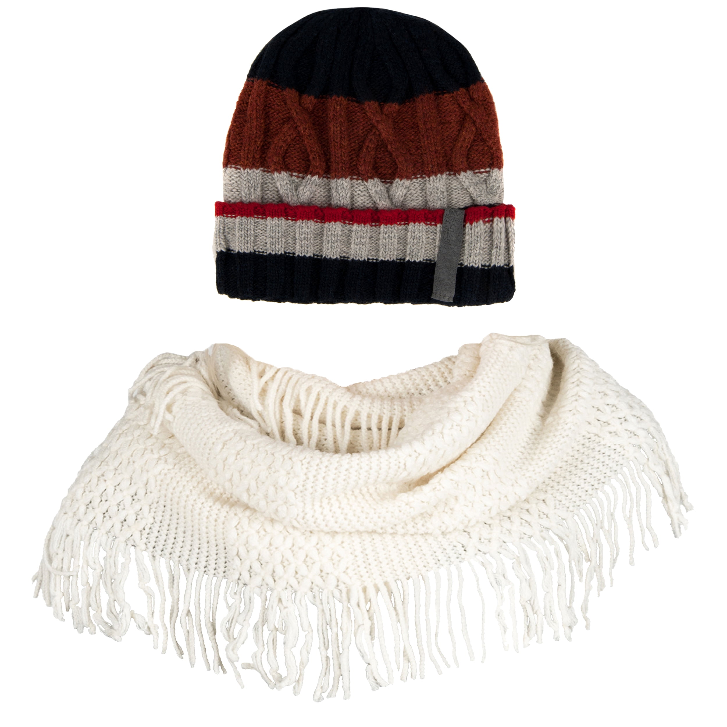 Women's Patriot Warm and Cozy Knitted Beanie and Soft Plush Chic Infinity Scarf Bundle