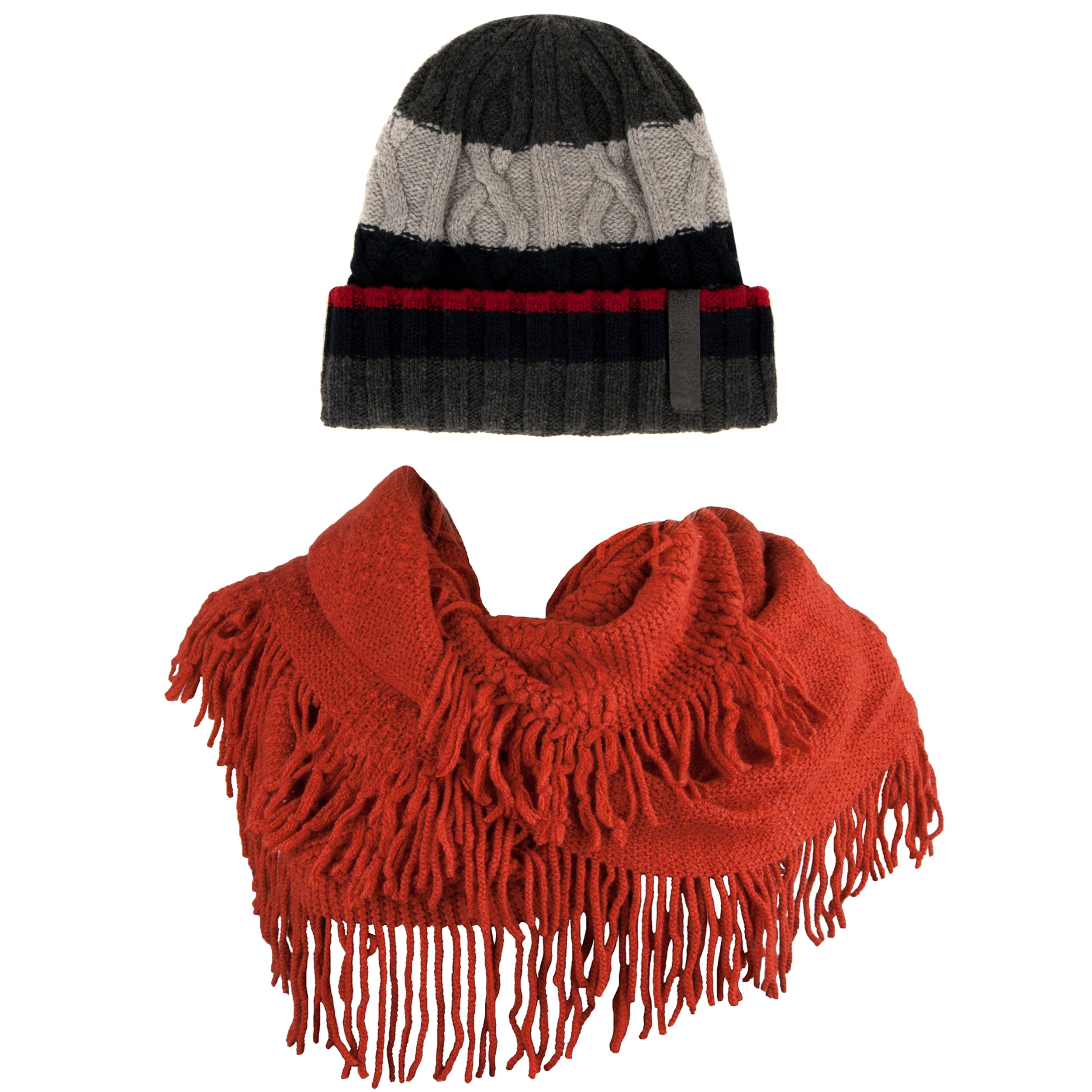 Women's Patriot Warm and Cozy Knitted Beanie and Soft Plush Chic Infinity Scarf Bundle