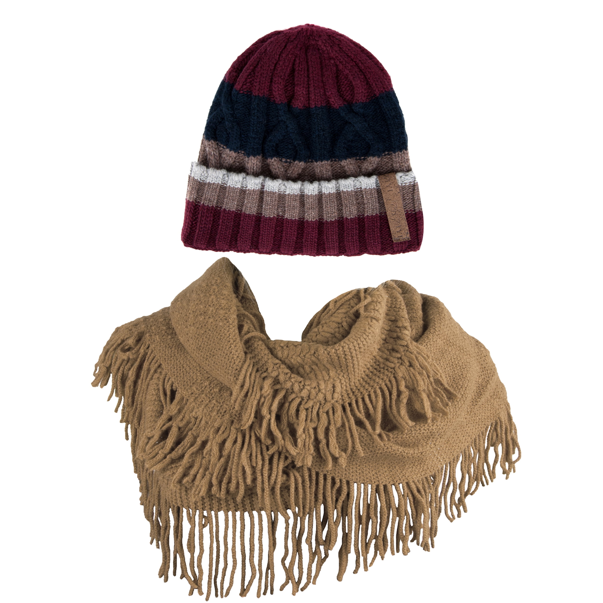 Women's Patriot Warm and Cozy Knitted Beanie and Soft Plush Chic Infinity Scarf Bundle