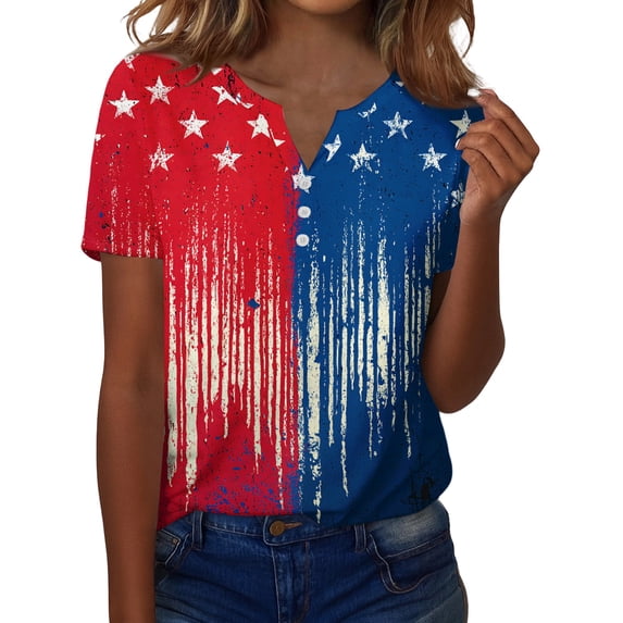 Women's Patriotic 250th Anniversary USA Shirt V-Neck Button American Flag Print Short Sleeve T-Shirts