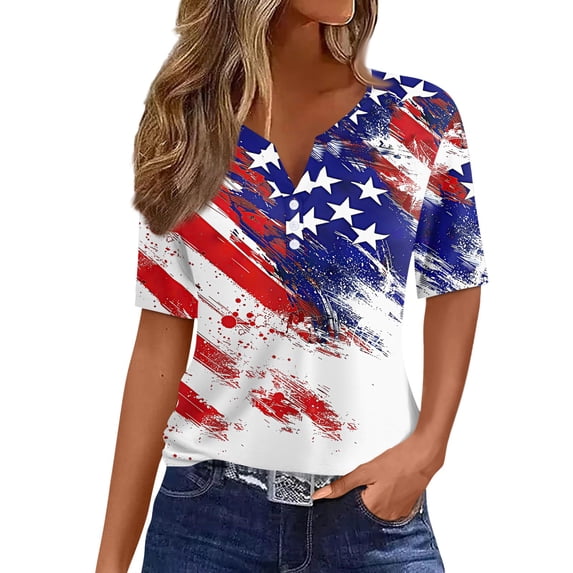 Women's Patriotic 250th Anniversary USA Shirt V-Neck Button American Flag Print Short Sleeve T-Shirts
