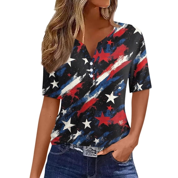 Women's Patriotic 250th Anniversary USA Shirt V-Neck Button American Flag Print Short Sleeve T-Shirts