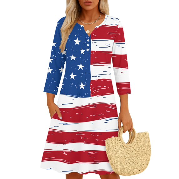 Women's Patriotic 3/4 Sleeve A-Line Dress, Button V-Neck American Flag Print Casual Summer Dress for 4th of July Independence Day,Red 2XL