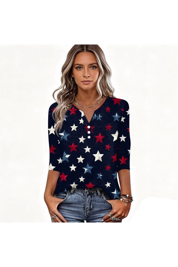 Women's Patriotic 4th of July Blouse, 3/4 Sleeve V Neck Henley Shirt with Star & Flag Print, Casual Loose Top Blue 2XL