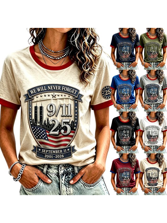 Women’s Patriotic 911 25th Anniversary T‑Shirt, 2001‑2026 25th Anniversary Never Forget Crew Neck Short Sleeve Tee Tops American Flag Faith Hope Courage Memorial Graphic Tees