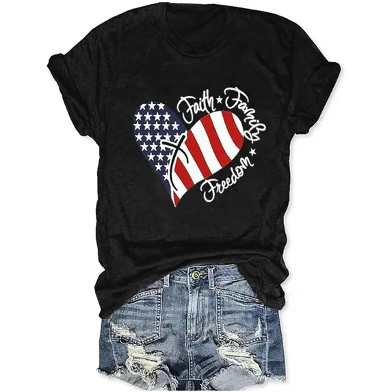 Women's Patriotic American Flag Heart T-Shirt Faith Family Freedom Christian Cross Graphic Tee Casual Short Sleeve Retro Summer Top