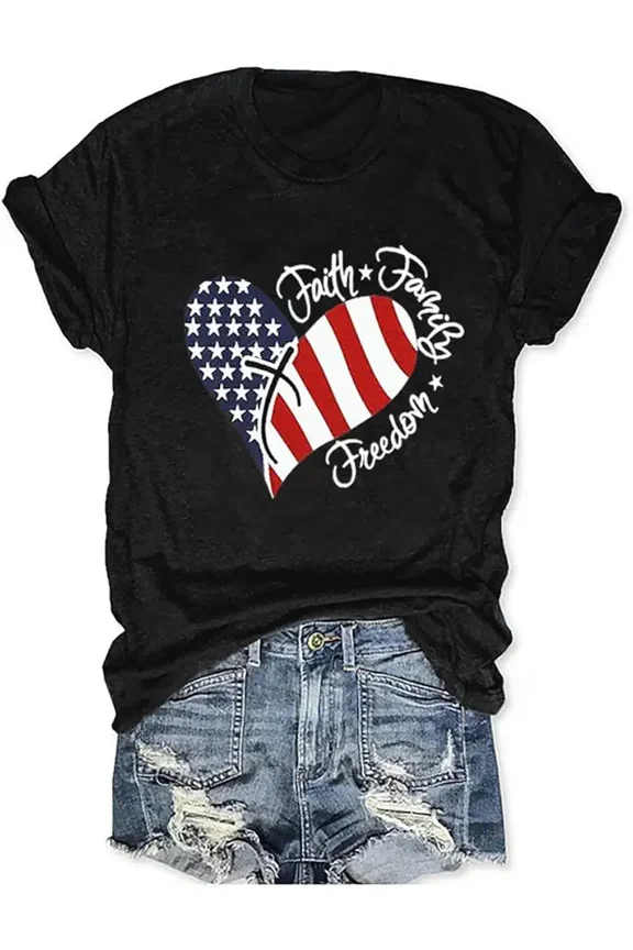 Women's Patriotic American Flag Heart T-Shirt Faith Family Freedom Christian Cross Graphic Tee Casual Short Sleeve Retro Summer Top