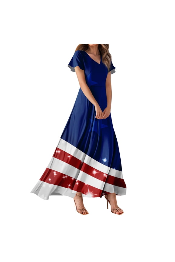 Women's Patriotic American Flag Maxi Dress, V-Neck Short Sleeve High Waist Summer Casual Long Dress with Stars & Stripes Print for 4th of July,Navy 2XL
