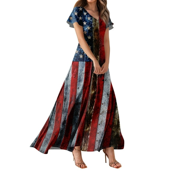 Women's Patriotic American Flag Maxi Dress, V-Neck Short Sleeve High Waist Summer Casual Long Dress with Stars & Stripes Print for 4th of July,Royal Blue 2XL
