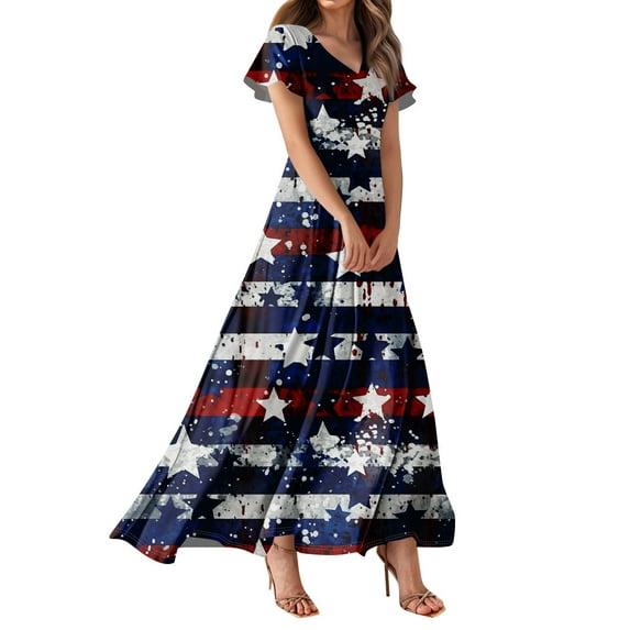 Women's Patriotic American Flag Maxi Dress, V-Neck Short Sleeve High Waist Summer Casual Long Dress with Stars & Stripes Print for 4th of July,Blue L