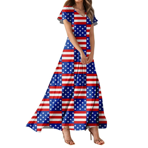 Women's Patriotic American Flag Maxi Dress, V-Neck Short Sleeve High Waist Summer Casual Long Dress with Stars & Stripes Print for 4th of July,Red XL