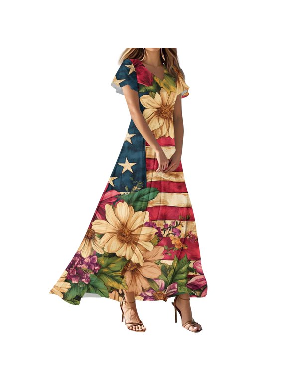 Women's Patriotic American Flag Maxi Dress V Neck Short Sleeve Independence Day Stars and Stripes Casual Summer Dress for Beach and Holiday Celebrations Gold L