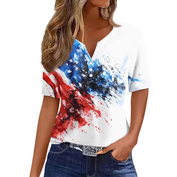 Women's Patriotic American Flag Print 250th Anniversary USA Shirt V-Neck Button T-Shirts