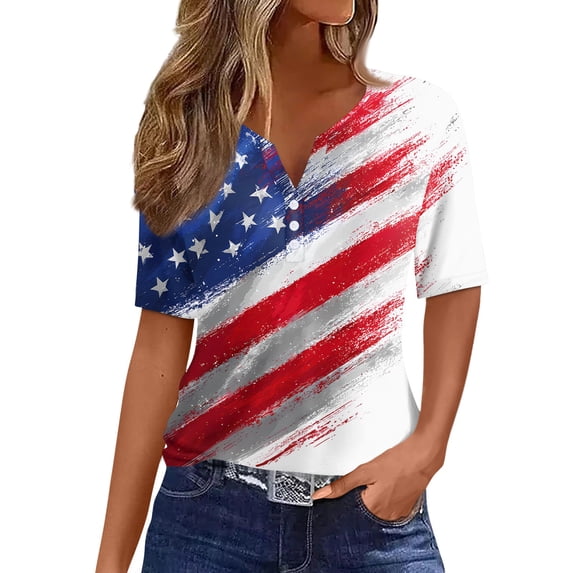 Women's Patriotic American Flag Print 250th Anniversary USA Shirt V-Neck Button T-Shirts