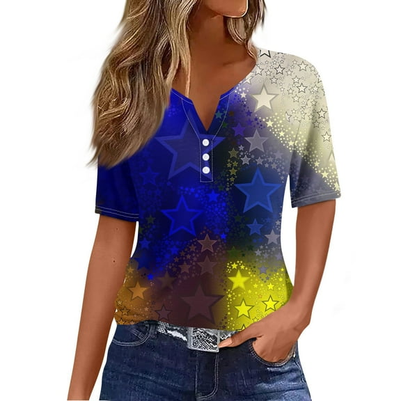 Women's Patriotic American Flag Print Short Sleeve V Neck Casual Henley T-Shirt, Summer 4th of July Tops for Ladies
