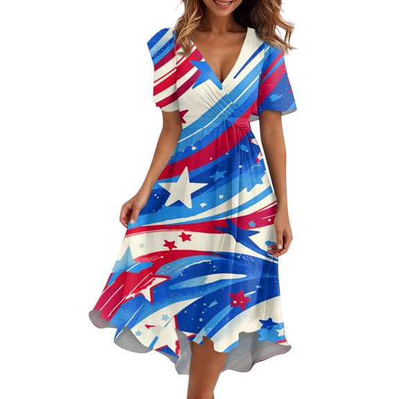 Women's Patriotic American Flag Print Summer Dress,Sexy V-Neck Short Sleeves A-Line Elegant Party Dress for Independence Day Outfit 4th of July,Royal Blue 2XL