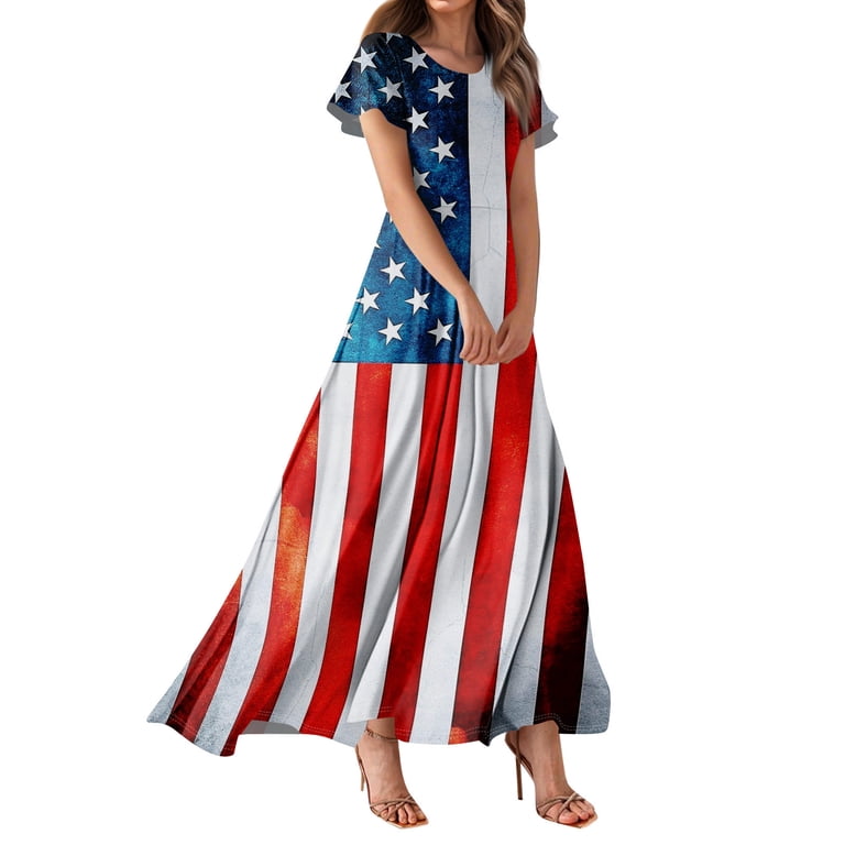 Women's Patriotic American Flag Printed Maxi Dress, Casual O-Neck Short  Sleeves Loose Fit Summer Party Dress for Independence Day 4th of July  ,Light Blue L - Walmart.com