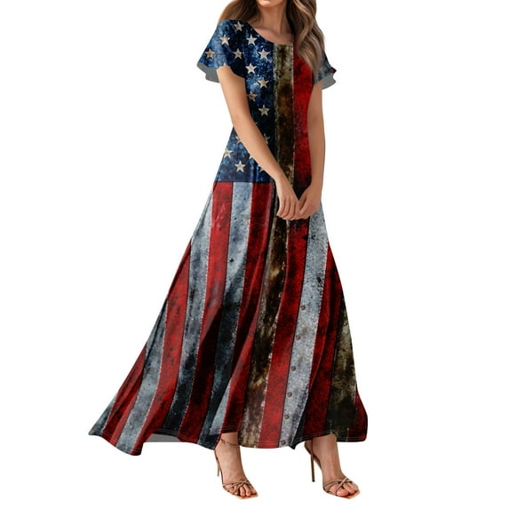 Women's Patriotic American Flag Printed Maxi Dress, Casual O-Neck Short Sleeves Loose Fit Summer Party Dress for Independence Day 4th of July ,Sky Blue XL