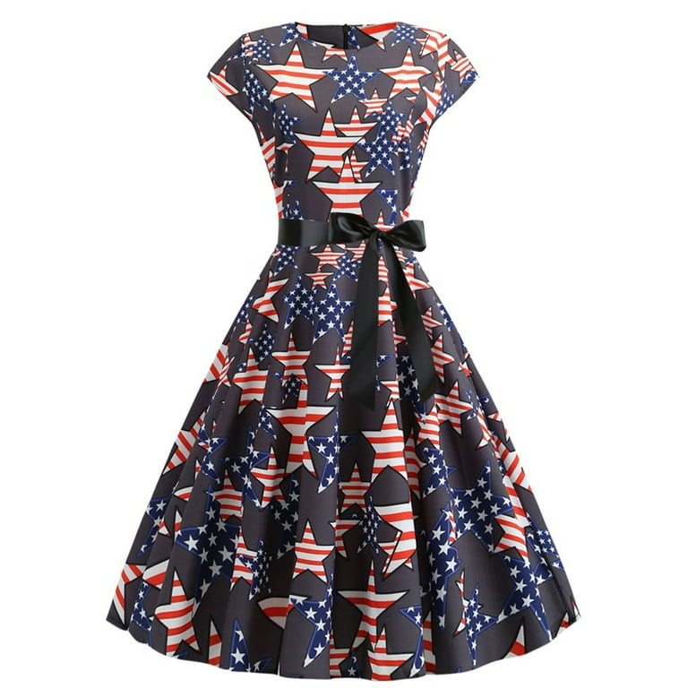 Women's Patriotic American Flag Short Sleeve Swing Dress