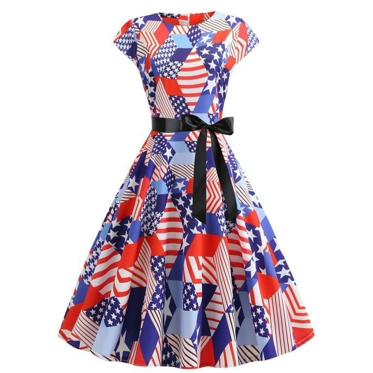 Women's Patriotic American Flag Short Sleeve Swing Dress
