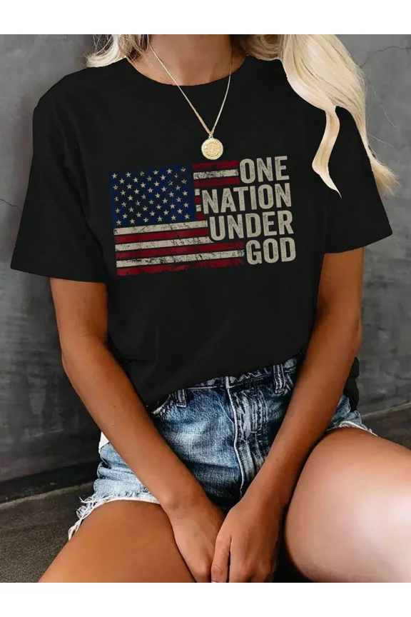 Women's Patriotic American Flag T-Shirt One Nation Under God Short Sleeve Crewneck Casual Tee