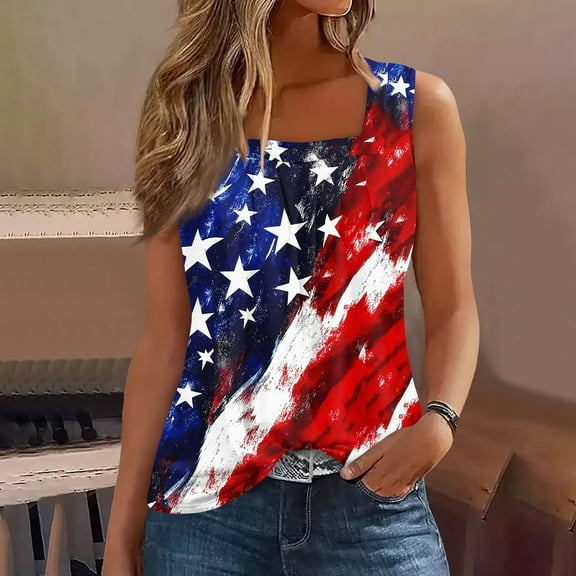 Women's Patriotic American Flag Tank Top Sleeveless Casual Summer Shirt for Independence Day & Everyday Wear Dark Blue XXL