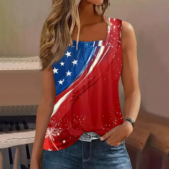 Women's Patriotic American Flag Tank Top Sleeveless Casual Summer Shirt for Independence Day & Everyday Wear Vermilion XXL