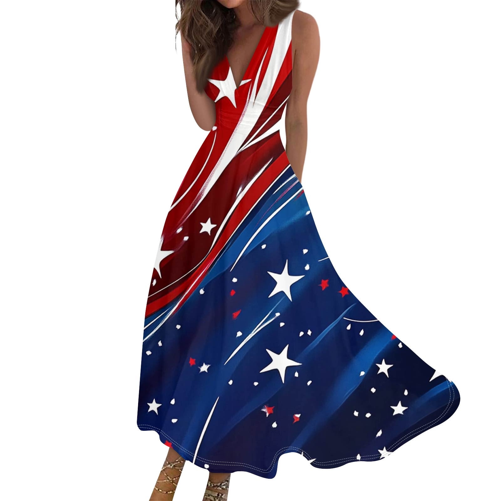fourth of july maxi dress Americana 4th - Size M - White Combo - Women's FF Dresses inspired US flag design with stars and stripes in a sophisticated color Red White Blue Floral Maxi