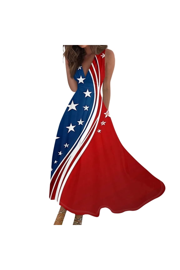 Women's Patriotic American Flag V-Neck Sleeveless Maxi Dress, Stars & Stripes Summer Long Dress for 4th of July Independence Day Celebrations,Multicolor XL