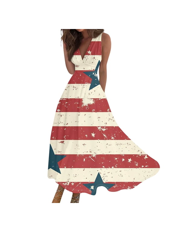 Women's Patriotic American Flag V-Neck Sleeveless Maxi Dress, Stars & Stripes Summer Long Dress for 4th of July Independence Day Celebrations,Beige L