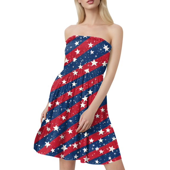 Women's Patriotic Bandeau Dress, Sleeveless Summer Casual Dress with Allover Flag Print, Comfortable Holiday Wear for Outdoor Celebrations,Watermelon Red 2XL