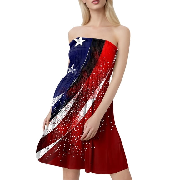 Women's Patriotic Bandeau Dress, Sleeveless Summer Casual Dress with Allover Flag Print, Comfortable Holiday Wear for Outdoor Celebrations,Wine S